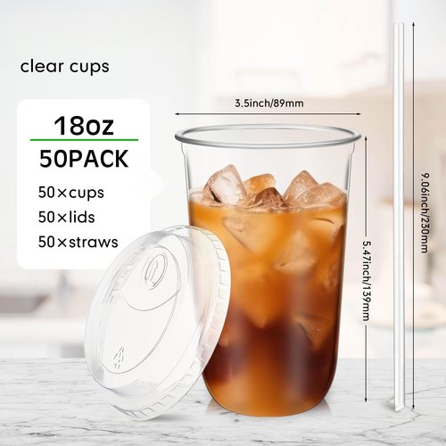 Ziliny 50 Sets Crystal Plastic Cups with Lids and Straws, Disposable Iced Coffee Cups Bulk PET for Wine, Cocktail, Smoothie, Milkshake, Cold Drinks, Juice, Wedding, Birthday, Coffee Shop, Party (18oz)