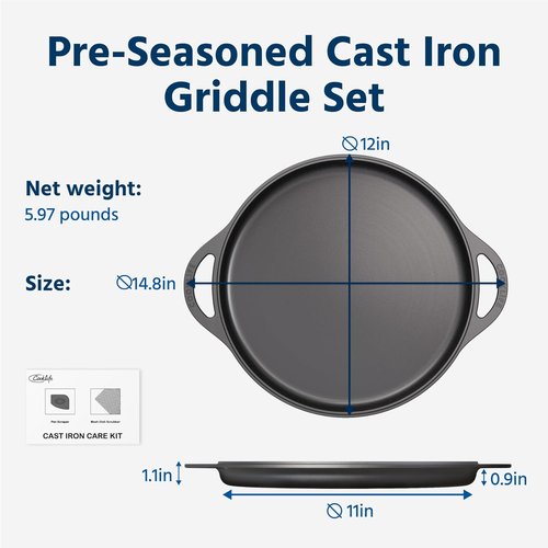COOKLIFE 12-Inch Lightweight Pre-Seasoned Cast Iron Griddle - Smooth Surface for Easy Cleaning | Versatile for Oven, Stove, or Grill