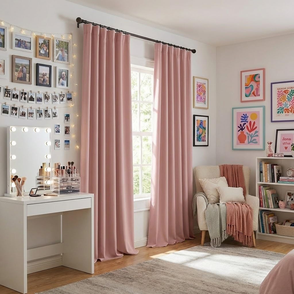 RYB HOME 100% Blackout Pink Curtains for Girls Bedroom, 2 Panels Blackout Thermal Insulated Noise Reducing Window Drapes for Kids Baby Room Living Room, 52 inches Wide by 84 inches Long