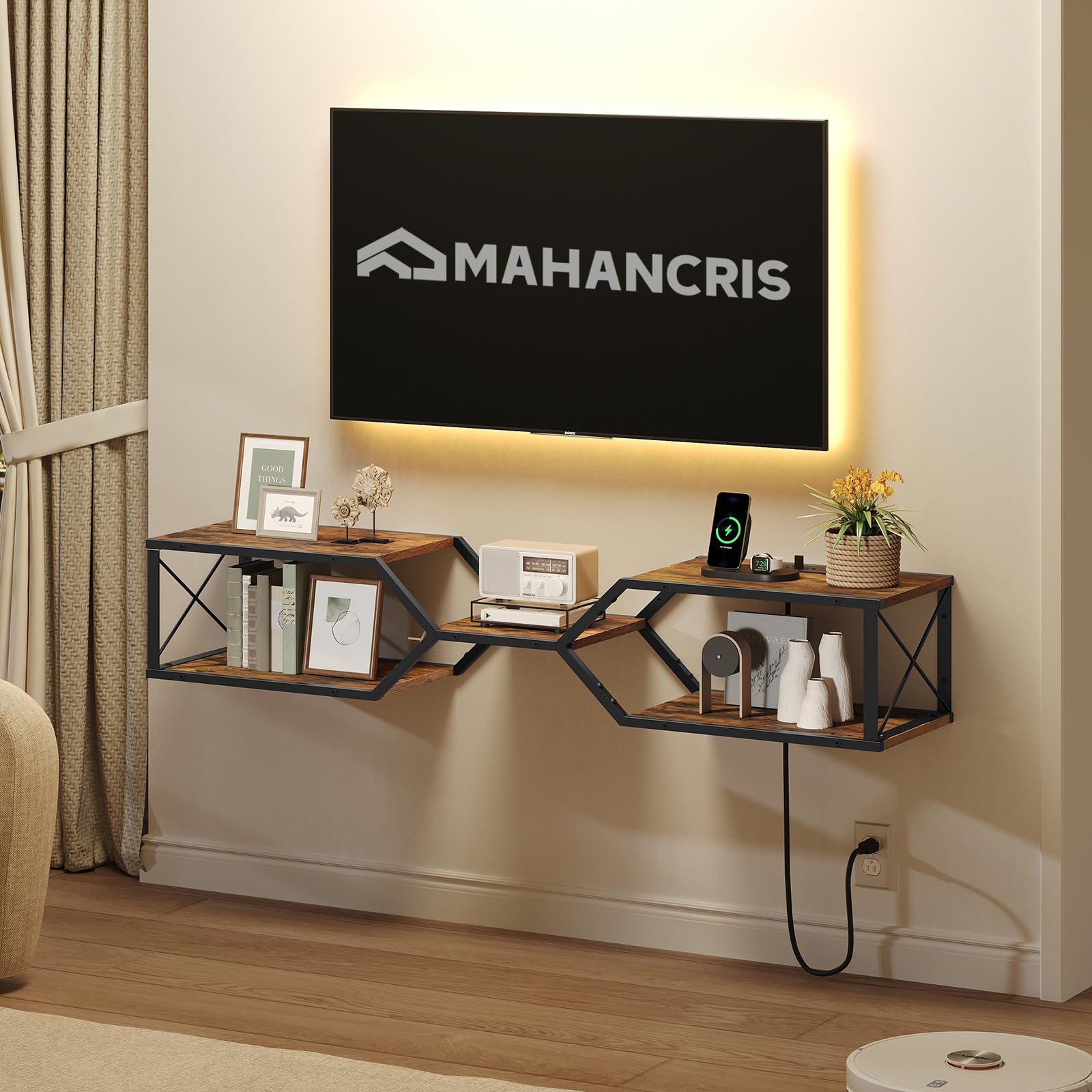 MAHANCRIS Floating TV Stand with Power Outlet, Wall-Mounted TV Shelf with X-Shaped Frame, Floating Entertainment Center with Storage, for Living Room, Bedroom, Black TVBK301E01