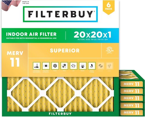 Filterbuy 20x20x1 Air Filter - MERV 11 Pet & Allergy Defense | 6-Pack Electrostatic Pleated HVAC Filters