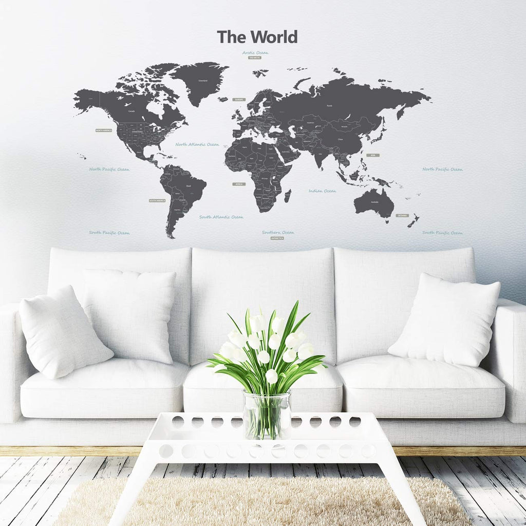 DECOWALL DLT-1609G Modern Grey World Map Kids Wall Decals Wall Stickers Peel and Stick Removable Wall Stickers for Kids Nursery Bedroom Living Room (XLarge)