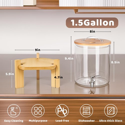 Beverage Dispenser 1.5 Gallon, Glass Drink Dispenser with Stand, Drink Dispensers for Parties, Beverage Dispenser with Wood Stand, Stainless Steel Spigot, for Parties,Bars,Restaurants (1.5 Glallons)