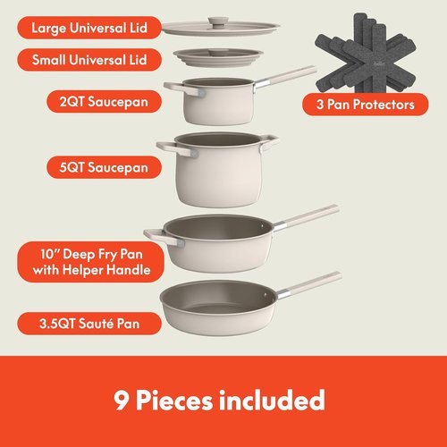 Bella 9-Piece Ceramic Nonstick Cookware Set - EverGood™ Coating, Dishwasher Safe, Stackable Design, Oatmilk