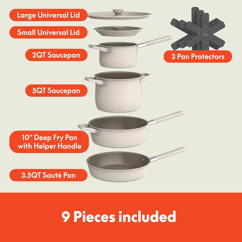 Bella 9-Piece Ceramic Nonstick Cookware Set - Dishwasher & Oven Safe, Stackable Design, Oatmilk Color