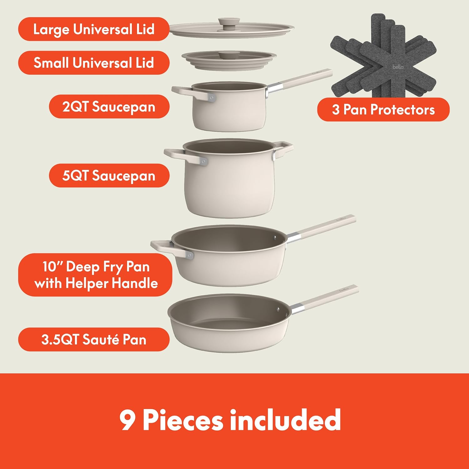 Bella 9-Piece Ceramic Nonstick Cookware Set - Dishwasher & Oven Safe, Stackable Design, Oatmilk Color