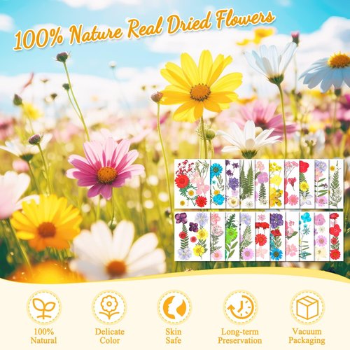 200 Pcs Dried Pressed Flowers for Crafts, 20 Sheets Real Dry Florals and Leaves Bulk with Tweezer for Resin Molds Candle Soap Making Scrapbook Bookmarks Frames Supplies Kit Nail Art Makeup Decor