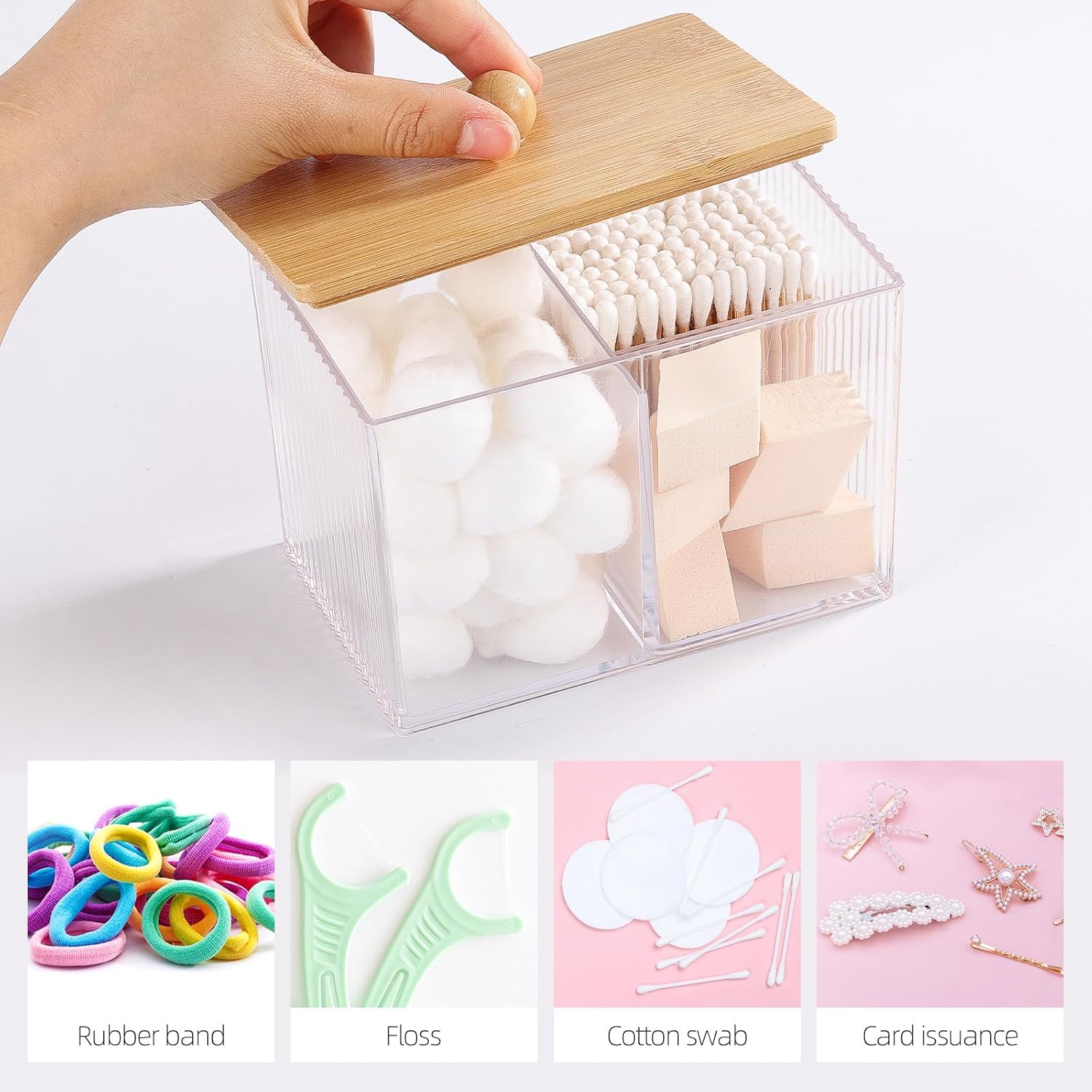 Ohlove Qtip Holder - Bamboo Lids & 3 Compartments | Clear Plastic Cotton Ball Dispenser