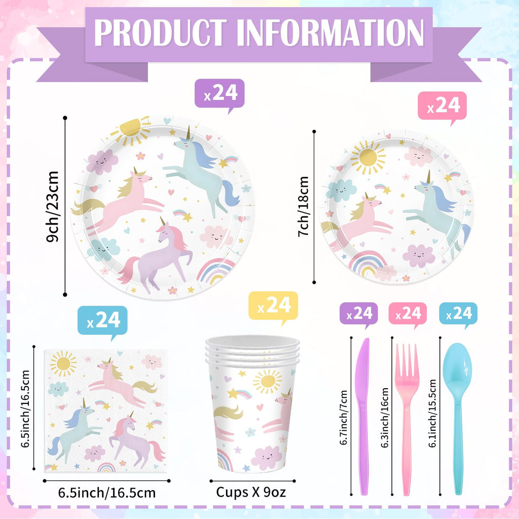 168PCS Unicorn Party Supplies Pastel Rainbow Unicorn Birthday Decorations Kit Sun Cloud Paper Plates Napkin Cups Forks Knives Favors for 24 Guests