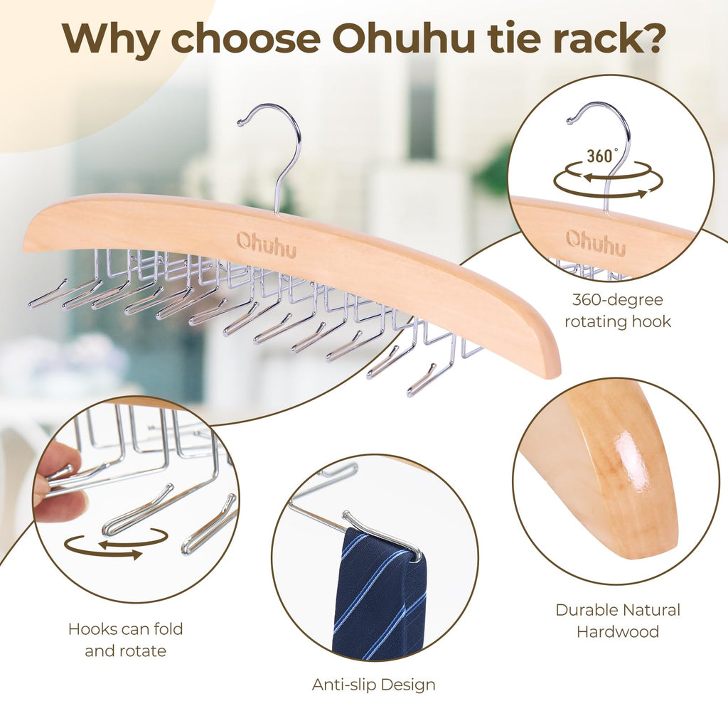 Ohuhu 24-Hook Wooden Tie Rack Organizer - Space Saving Closet Hanger with 360° Rotating Hooks, Anti-Slip Clips for Ties, Belts, Scarves - Premium Hardwood & Rustproof Steel Construction