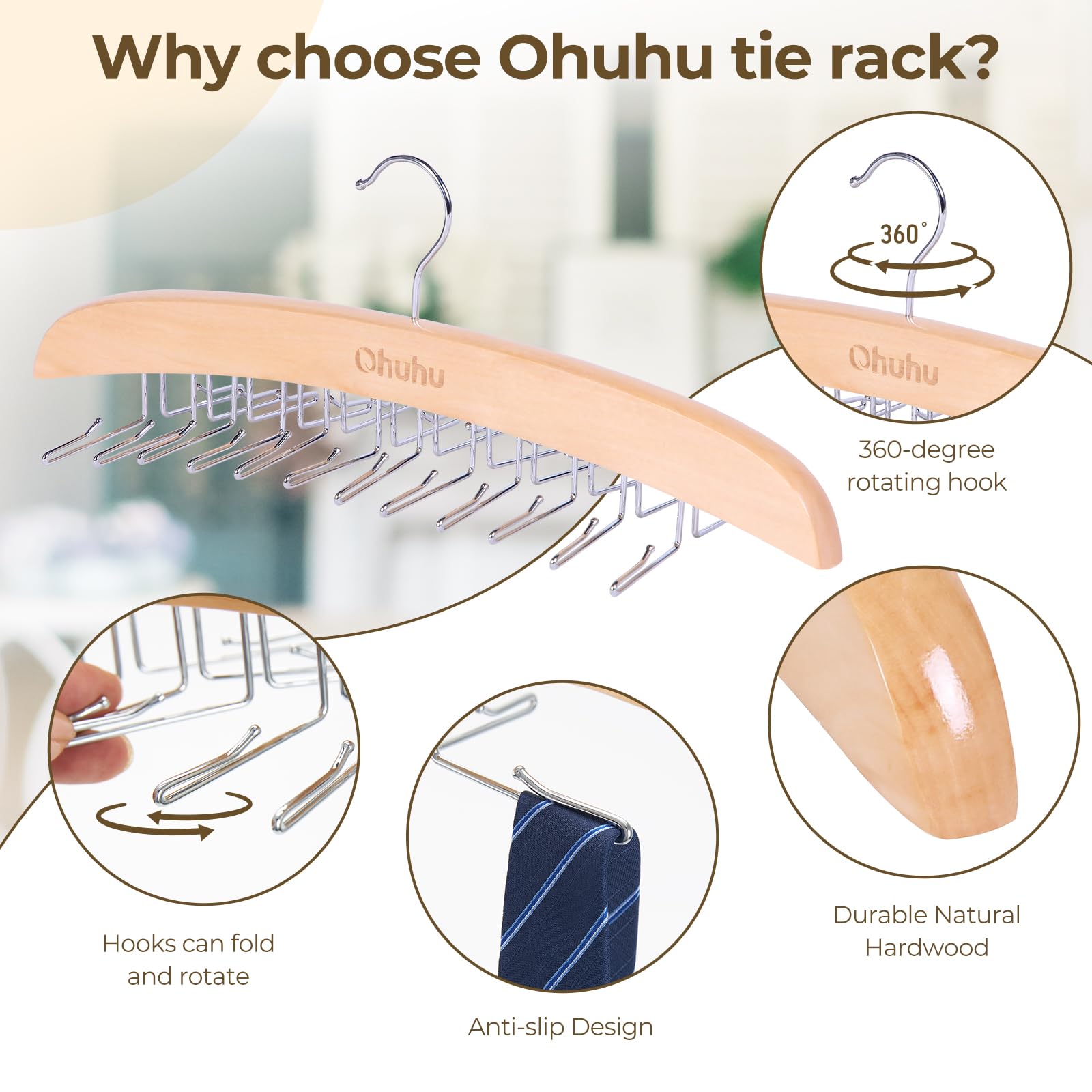 Ohuhu 24-Hook Wooden Tie Rack Organizer - Space Saving Closet Hanger with 360° Rotating Hooks, Anti-Slip Clips for Ties, Belts, Scarves - Premium Hardwood & Rustproof Steel Construction