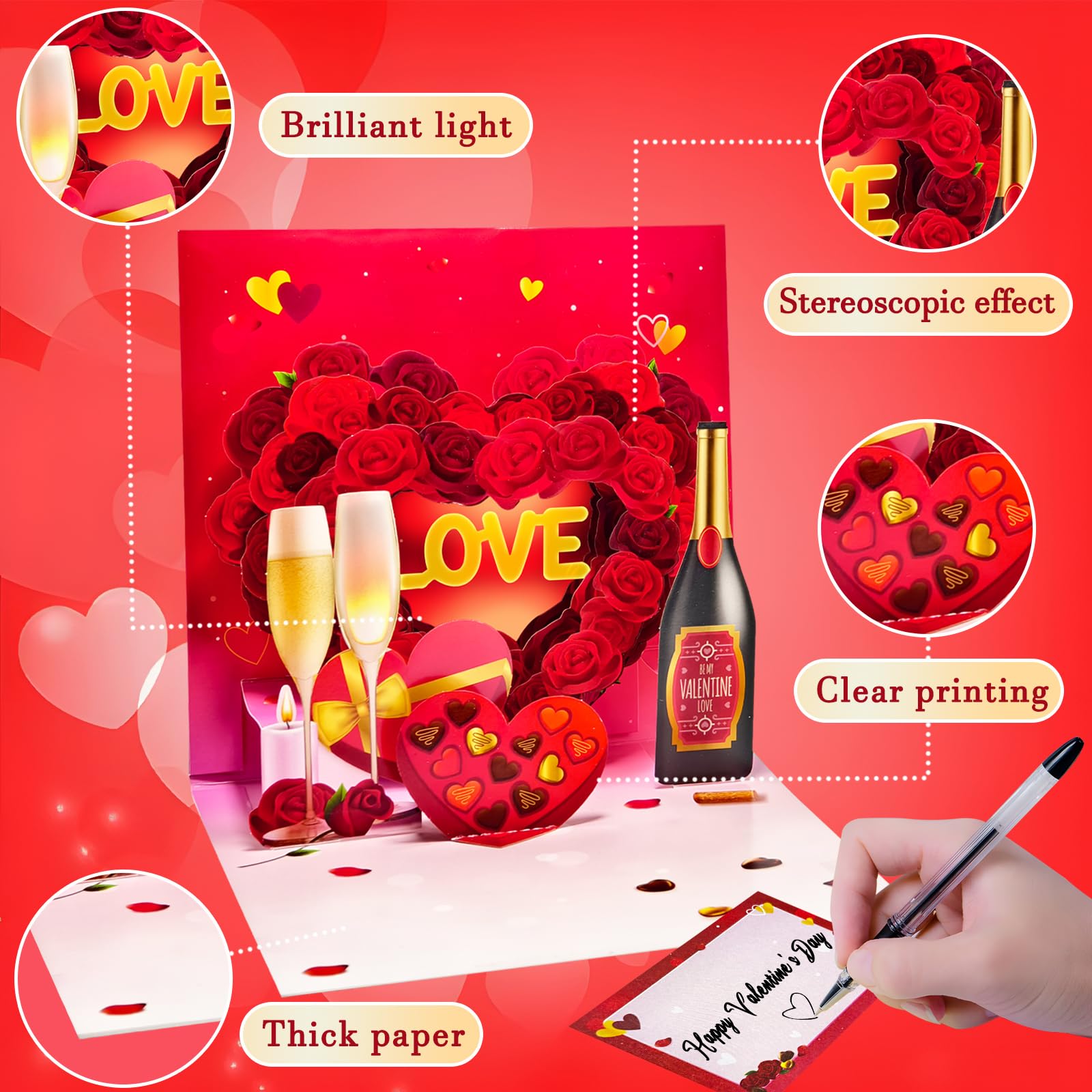 DTESL Valentine's Day Cards, Anniversary Card Pop Up Card,Champagne LED light & Music, Valentine card for women and men, music playing Valentine- accompaniment, impresses lovers