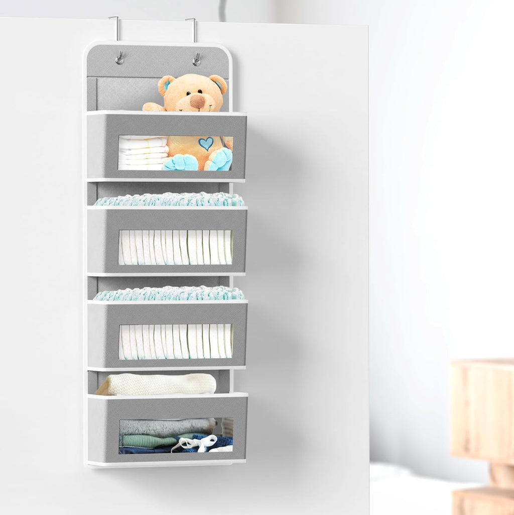 Simple Houseware 4-Pocket Over-Door Storage Organizer - Clear Window Design for Bedroom & Bathroom, Gray