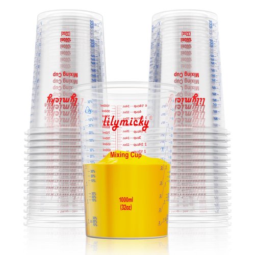 25 PACK Plastic Measuring Cups, 32 oz (1000ml) Disposable Mixing Cups, Measurement ratios: 2:1, 3:1, 4:1, Perfect for Epoxy Resin, Paint Mixing, Art DIY