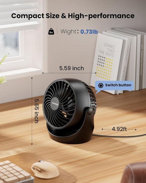 Gaiatop Portable Desk Fan - 5-Inch Electric Air Circulator with 3 Speed Settings | 360° Adjustable Tilt, Black