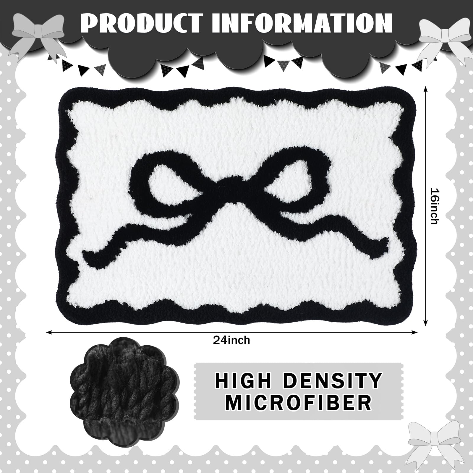 Tinideya Black Bow Bathroom Rug 16" x 24" Scalloped Bow Bath Mat Non Slip Cute Coquette Aesthetic Carpet Preppy Room Decor Microfiber Absorbent Mat for Mother's Day Bathtub Shower Bedroom Gift