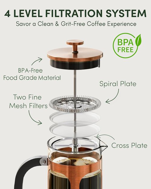 BAYKA French Press Coffee Maker - 34oz Heat Resistant Borosilicate Glass & Stainless Steel | Ideal Gift for Coffee Lovers