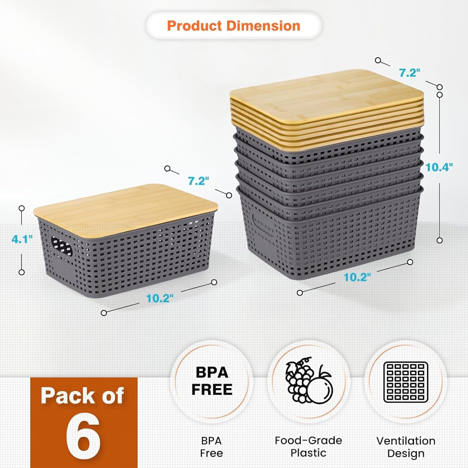 Skiennix Plastic Storage Baskets - Stackable Containers with Bamboo Lid | 6-Pack Gray for Organizing Shelves and Desks