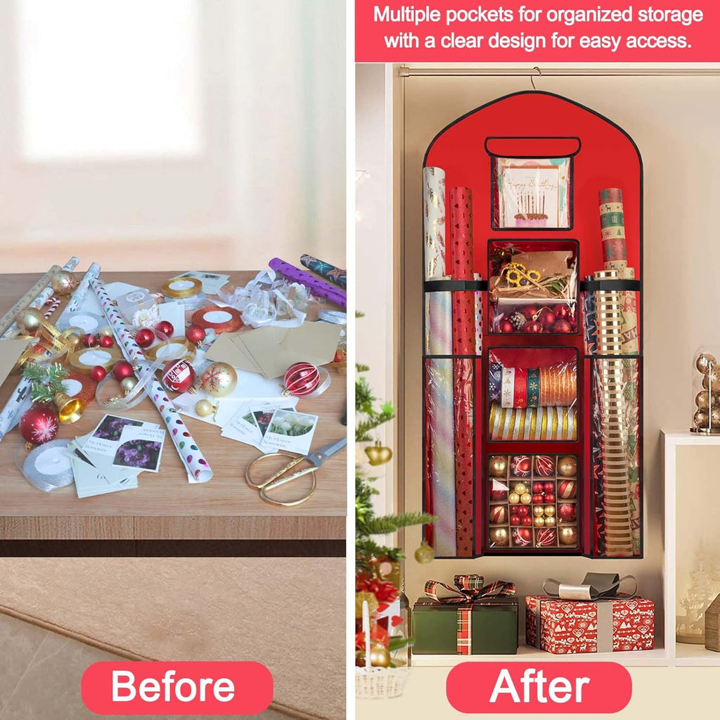Woodoulogy Extra Large Gift Wrapping Paper Storage - 48x24 Red Double-Sided Christmas Organizer | Oxford Craft Roll Holder
