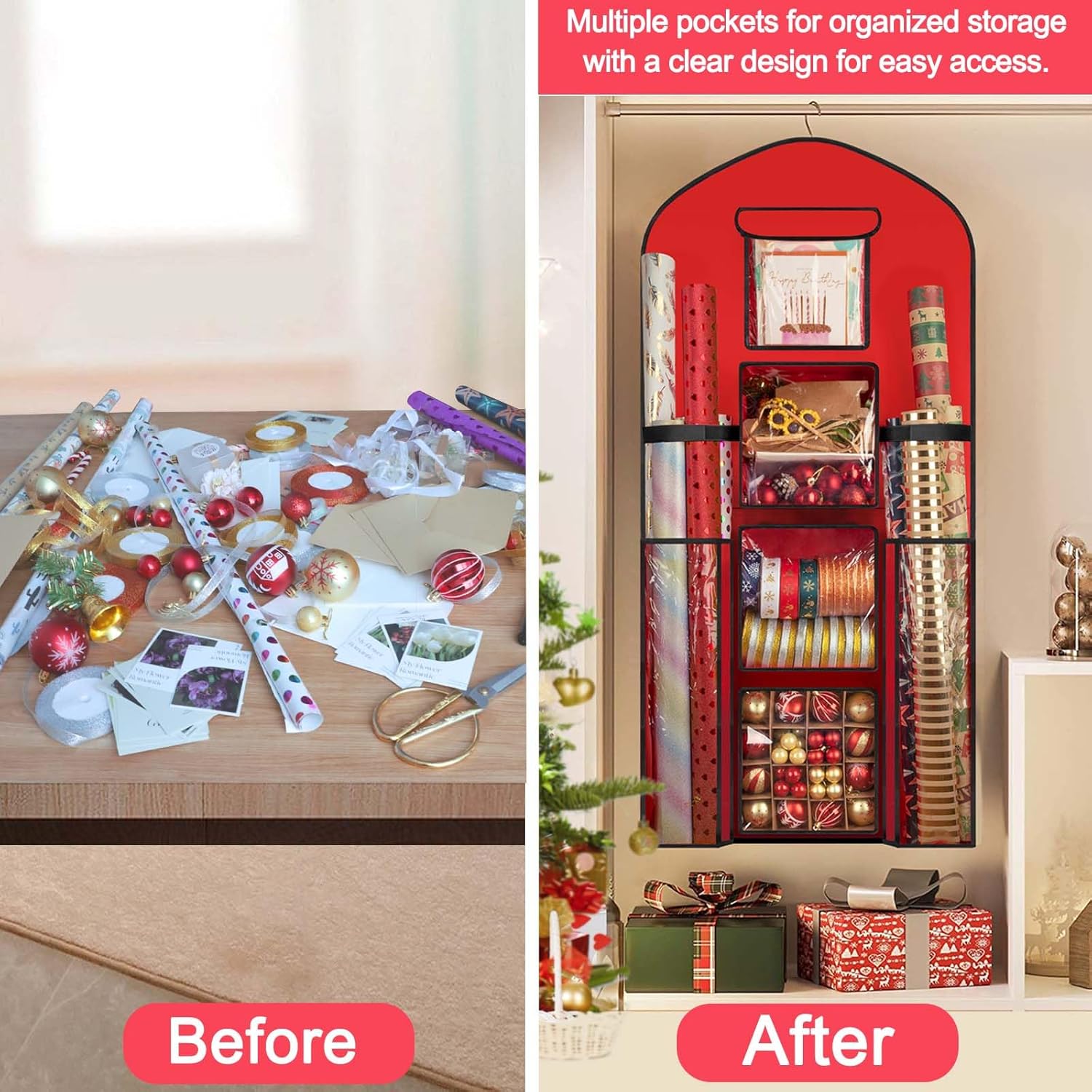Woodoulogy Extra Large Gift Wrapping Paper Storage - 48x24 Red Double-Sided Christmas Organizer | Oxford Craft Roll Holder