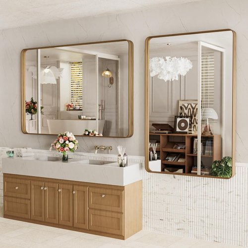 LOAAO Bathroom Mirror - 55x36 Inch Rounded Rectangle with Wood Grain Metal Frame | Anti-Rust, Versatile Hanging Options