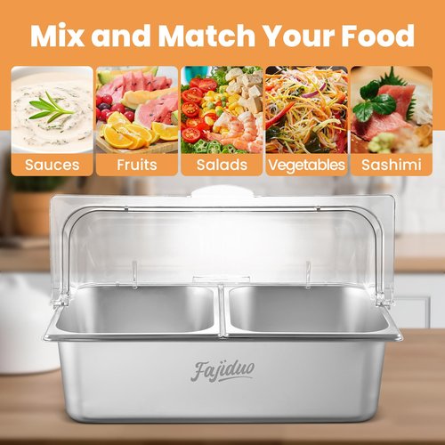 Countertop Ice Food Serving Display Container, Spice Display Salad Dressing Cooler, Stainless Steel Food Serving Tray Buffet Condiment Dispenser with Clear Roll Top Cover, Clamps, Spoons, Ice Packs