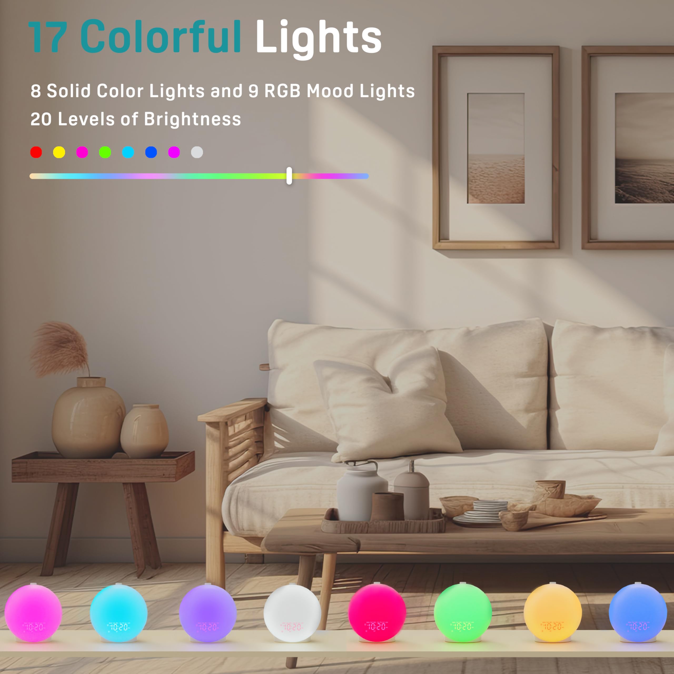 JALL Wake Up Light Sunrise Alarm Clock for Kids, Heavy Sleepers, Bedroom, White Noise Sound Machine with 17 Nihgt Lights, 25 Soothing Sounds, Bluetooth Speaker, Dual Alarms, FM Radio, Wood Grain
