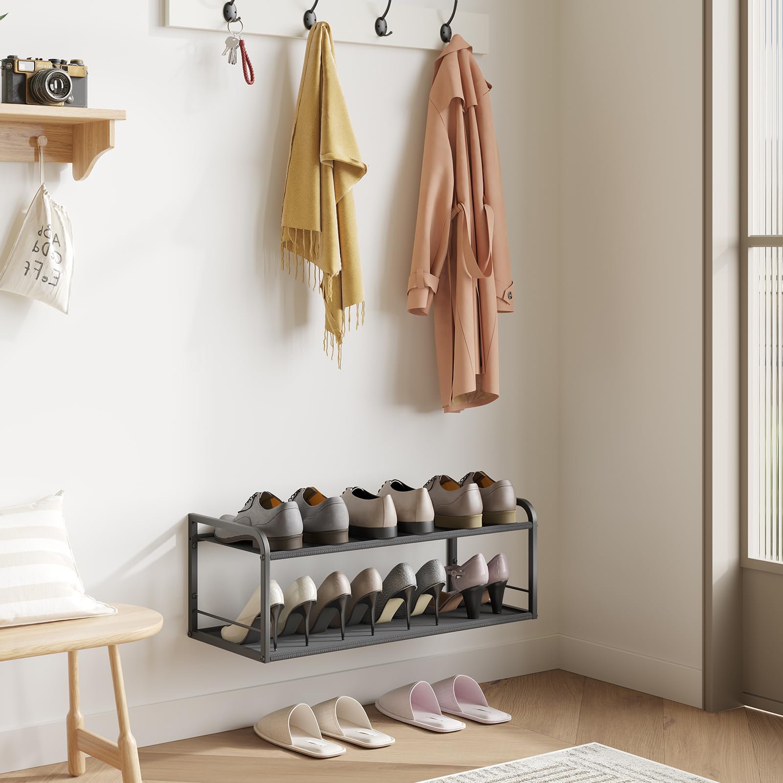 NANAGIFTREE Wall Mounted Shoe Rack, Carbon Steel Shoe Organizer with Removable Oxford Cloth, Non-Slip Space-Saving for Entryway Closet Bedroom, Black