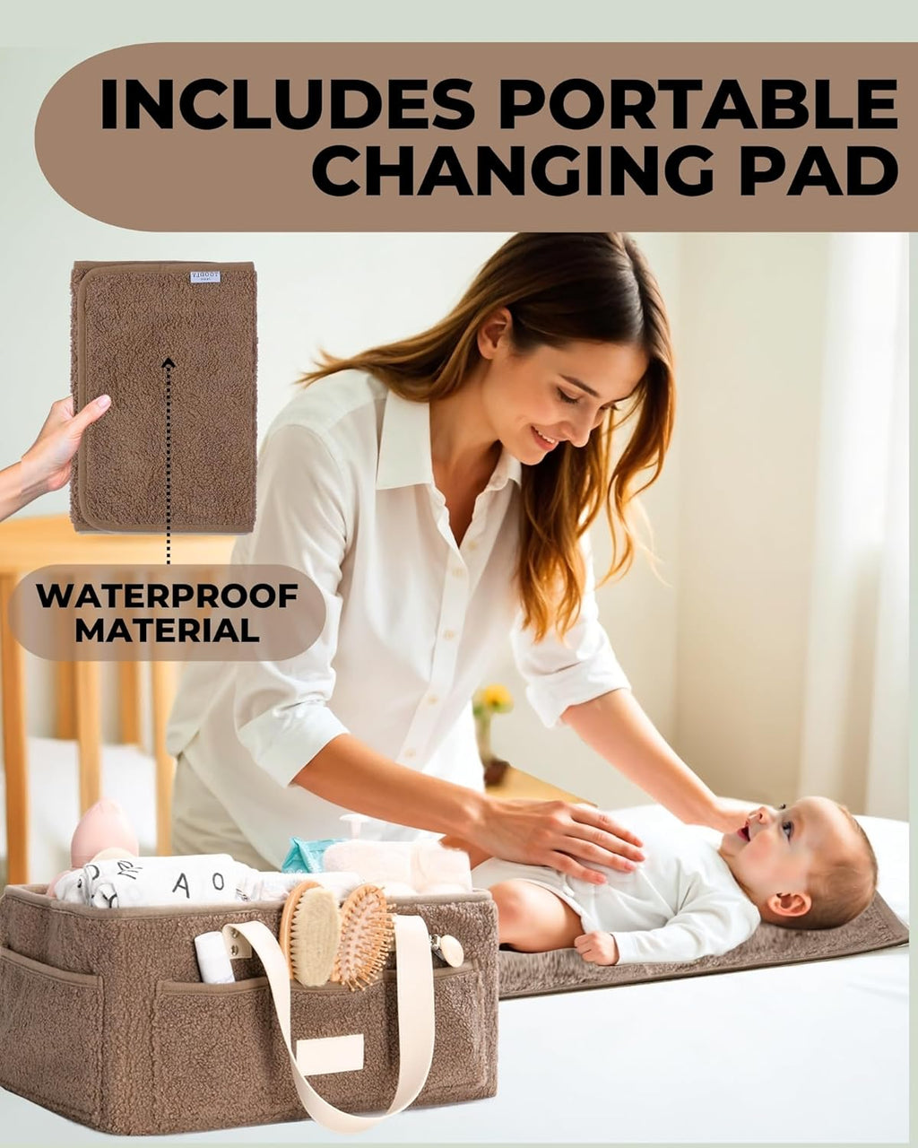 Skiennix Baby Diaper Caddy Organizer - Portable Changing Mat & Removable Dividers - Teddy Fleece Design