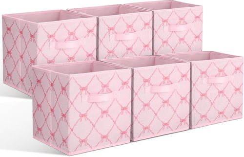 Geelin 6 Pcs Light Pink Bow Storage Bins - 11 Inch Collapsible Fabric Organizer for Home & Office