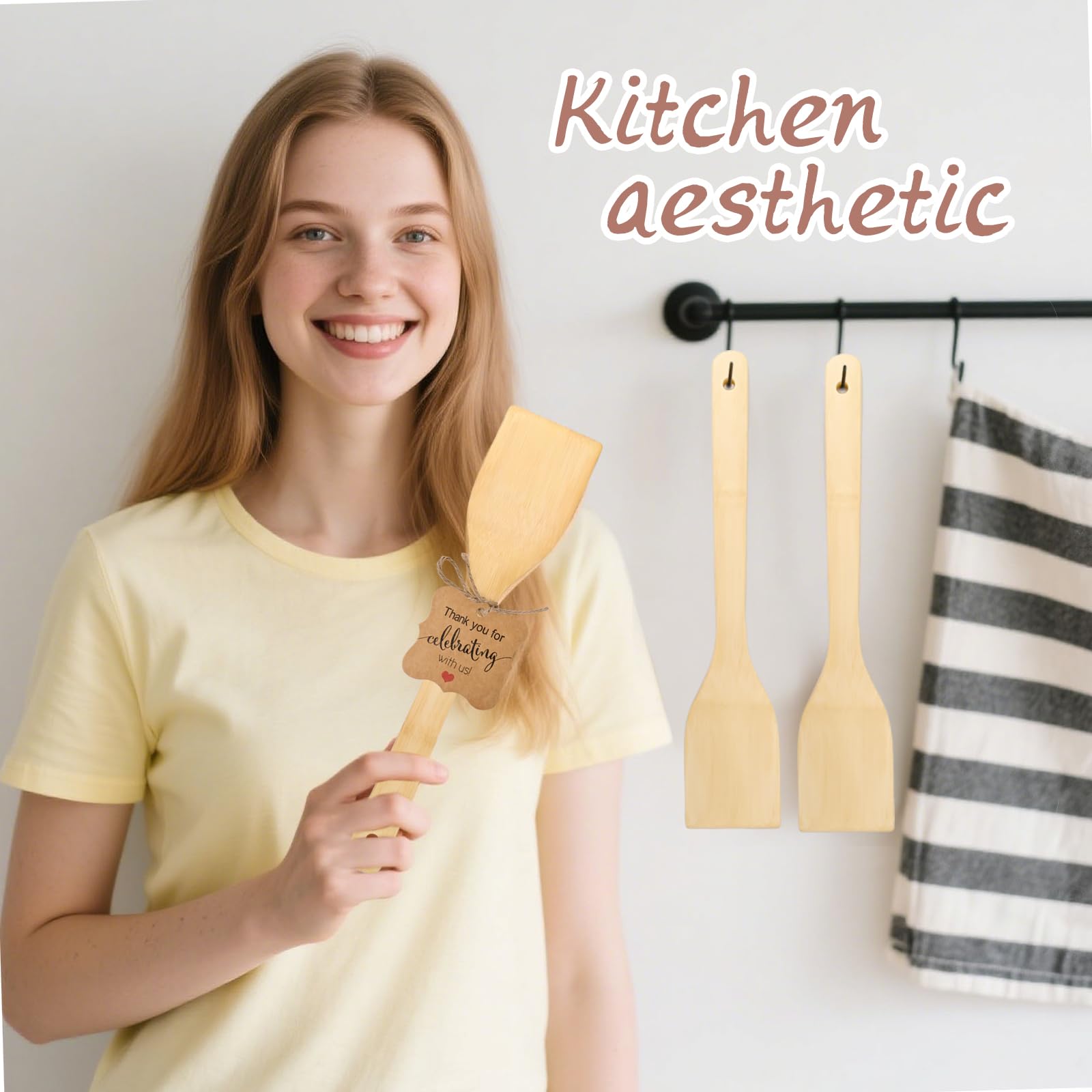 LECEHIVO 60 Sets Bamboo Spatula with Thank You Cards and Hemp Rope 12 Inch Flat Handle Cooking Wok Spatula for Kitchen Utensils Housewarming Party Birthday Wedding