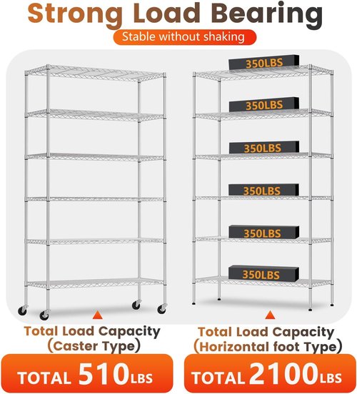 BestOffice | Heavy-Duty 6-Tier Wire Storage Shelves with Wheels | Adjustable Chrome Racks | 18x45x82 | Holds Up to 2100 lbs | Easy No-Tool Assembly for Home & Garage