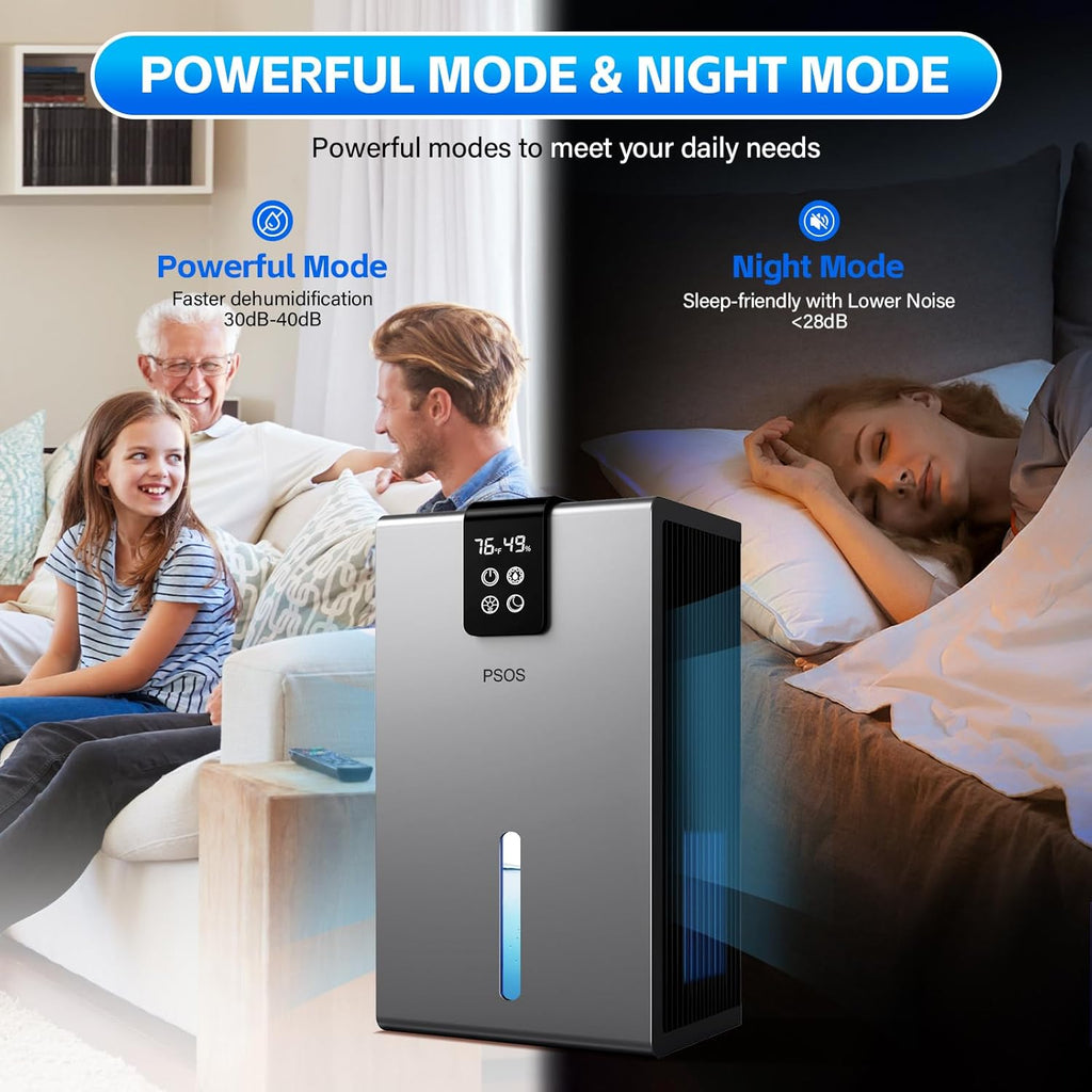 Skiennix Dehumidifier - Quiet 98 OZ Water Tank for Home | 1000 sq.ft Coverage with Humidity Display & Auto Shut Off - Gray