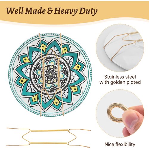 Litray Plate Hangers for Wall 6-8 Inch, Stainless Steel Invisible Heavy-Duty Wire Plate Holder with Wall Hooks, Display Hanger for Decorative Plates, Dishes & Platters(Gold)