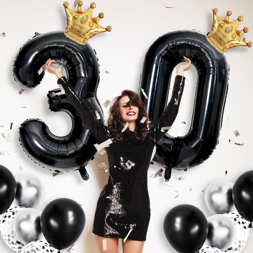 20th Birthday Decorations | Skiennix 40-Inch Black Number 20 Balloon with Gold Crown - Mylar Helium Foil