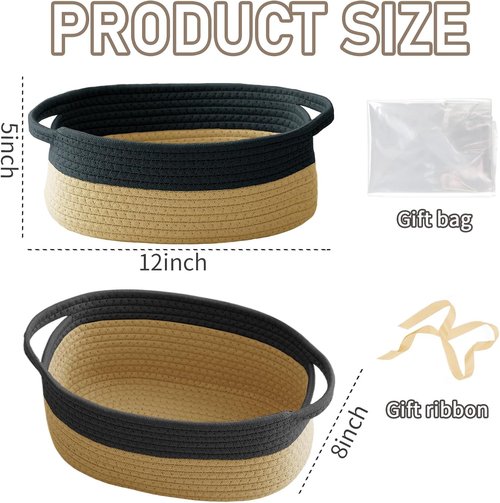 JMvicyroam Woven Storage Baskets - Small Rope Bins with Handles for Organizing Shelves | Black & Jute, 3-Pack