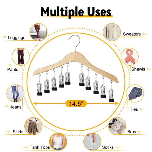 SNUVID Legging Organizer for Closet, Wooden Yoga Pants Hangers 2 Pack with 10 Clips Holds 20 Leggings, Space Saving Hanging Closet Organizer, Closet Organizers and Storage, Dorm Room Organization