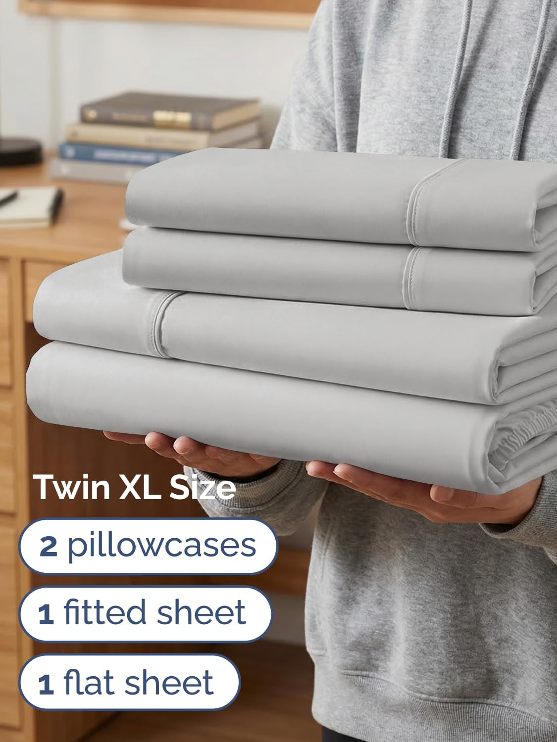 Skiennix Extra Deep Twin XL Sheet Set - 4-Piece Breathable Cooling Bedding - Soft, Wrinkle-Free French Grey