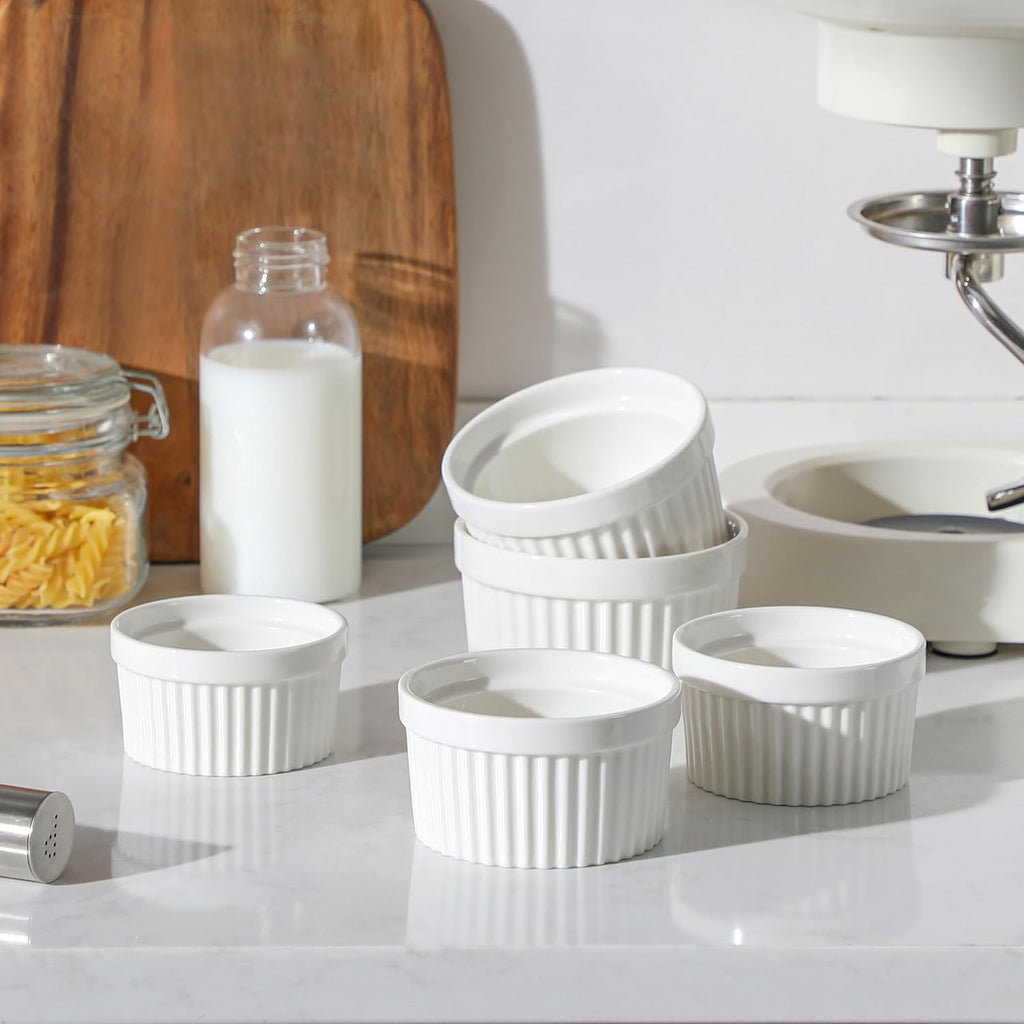 MALACASA Ramekins - 8 oz Oven Safe Porcelain Baking Cups | Set of 6 White Creme Brulee Dishes