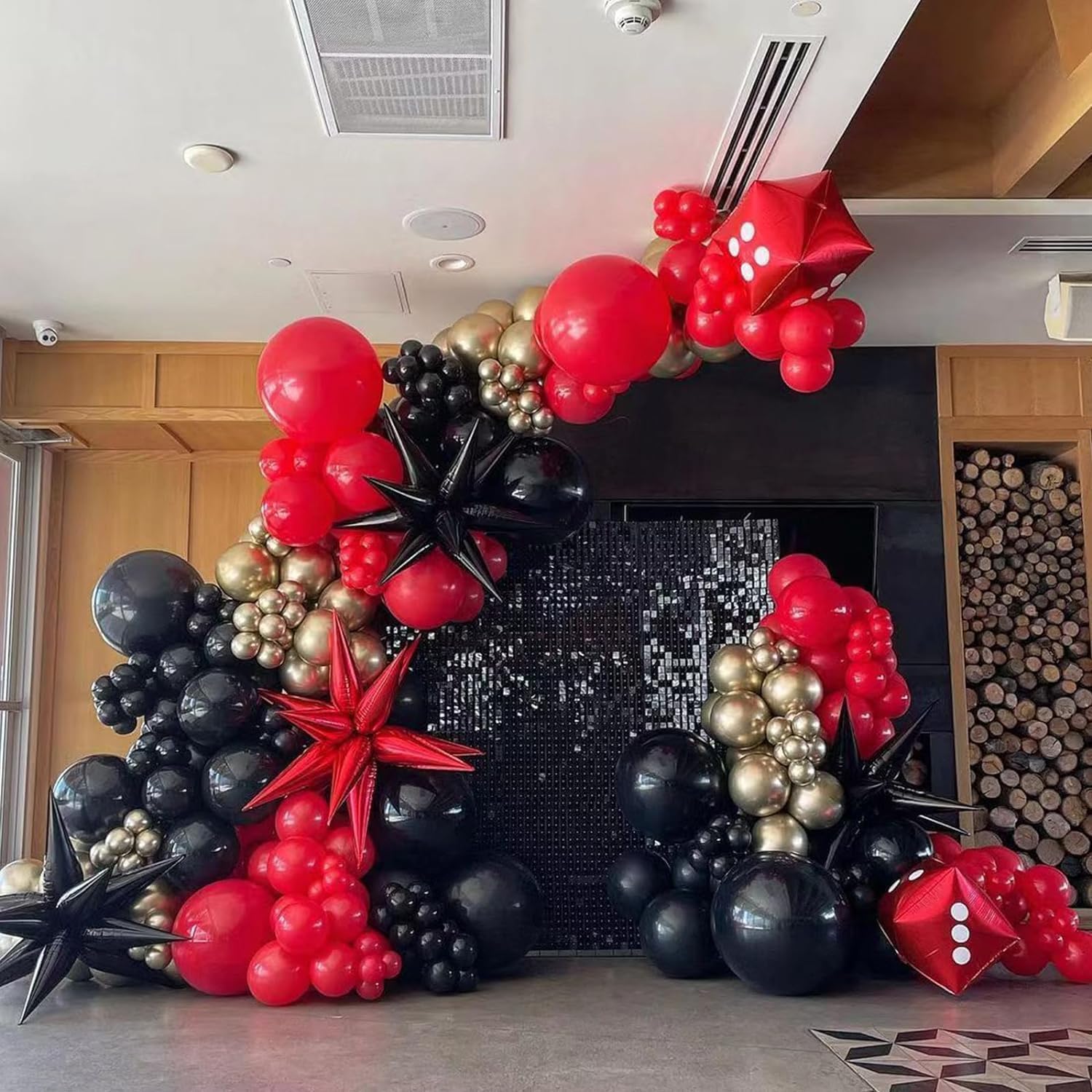 PTGOLUO 153Pcs Red and Black Gold Balloons Garland Arch Kit with Stars - 22 18 12 10 5 inch Different Latex Balloons for Anniversary Casino Night Hollywood New Years Movie Night Prom Party Decorations