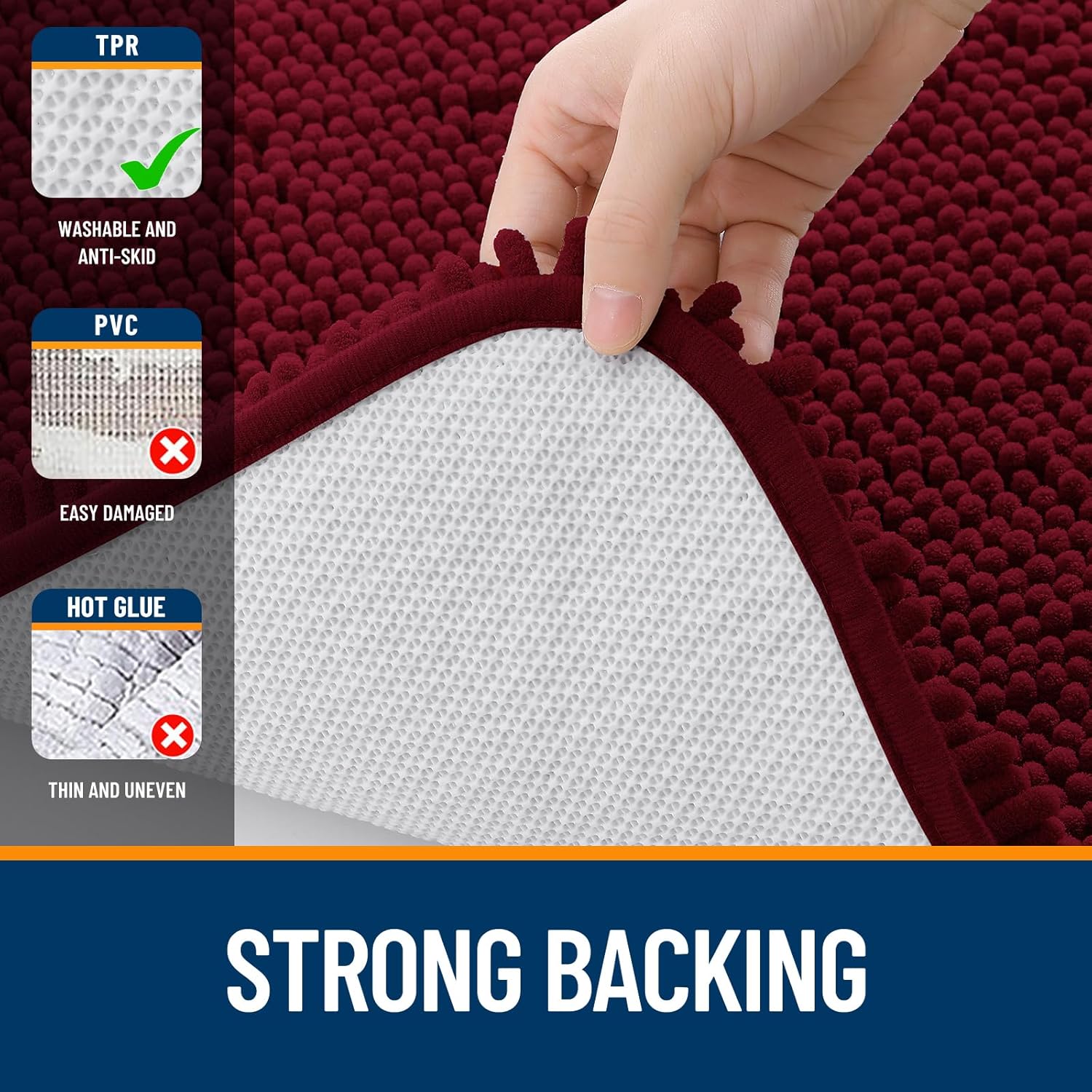 OLANLY Bathroom Runner Rugs - Soft Absorbent Chenille Bath Mat with Rubber Backing | 47x17 Inches, Burgundy