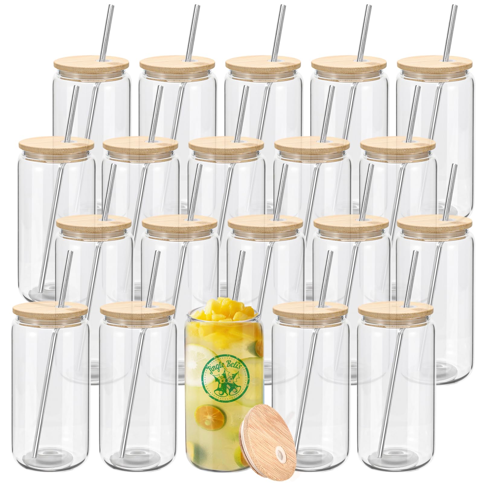 YOUKE OLA 20 Pack Glass Cups with Bamboo Lids and Metal Straw Can Shaped Drinking Glasses, Glass Tumbler Reusable Cute Cups for Whiskey, Iced Coffee, Tea, Soda, Cocktail, Gift, Clear 20oz