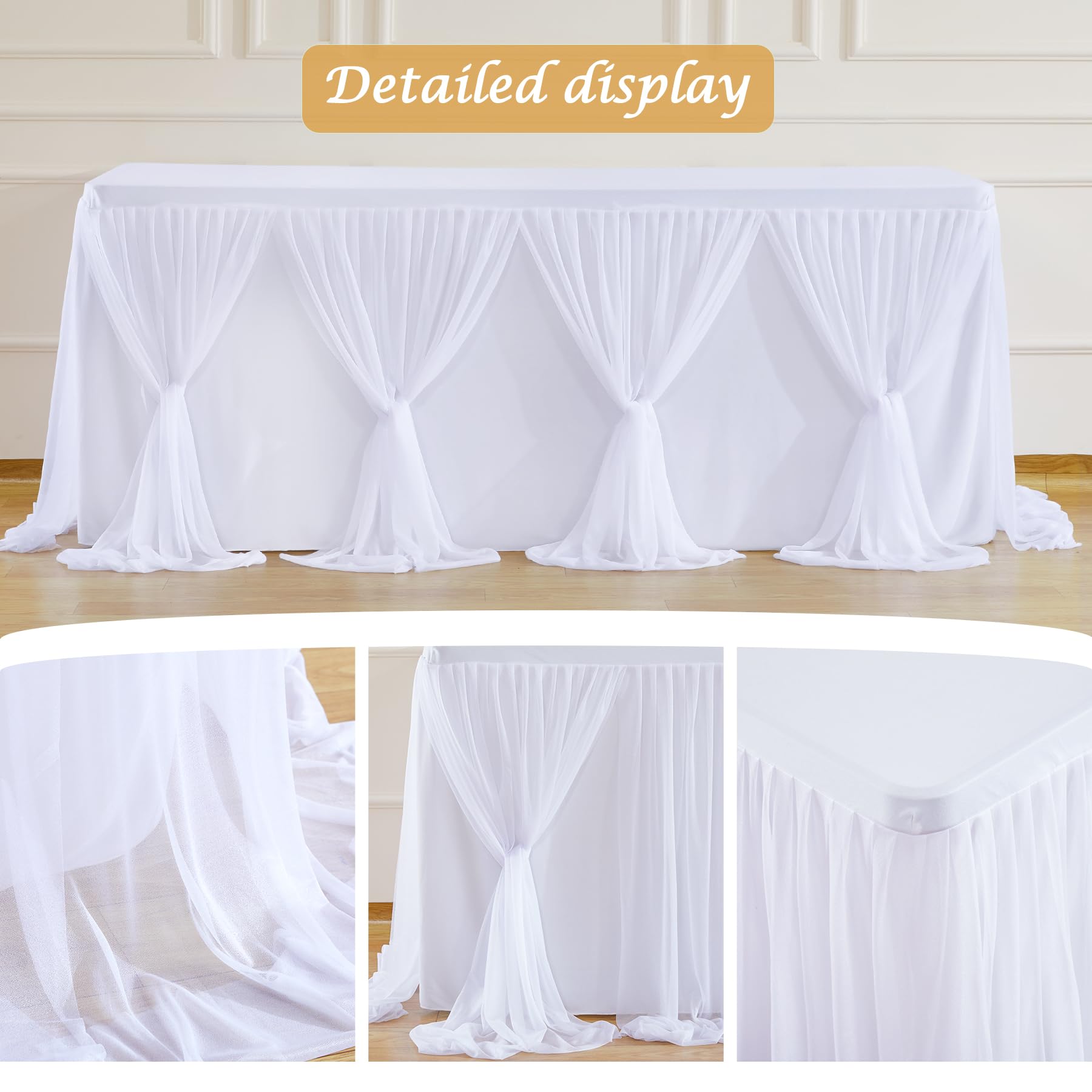 White Tulle Tablecloth 4Pack Stretchable Cross Table Cover 3 Sides for Wedding, Birthday, Party Decor, Banquet, Bridal Shower Fits Rectangle Tables 4ft