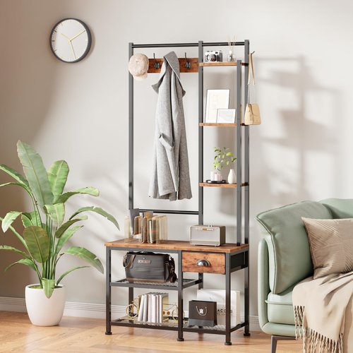 Furologee Coat Rack, Hall Tree with Bench and Shoe Storage, 4 in 1 Entryway Bench, Coat Rack with 3 Shelves and Drawer, Entryway Organizer with 5 Hooks for Hanging, Rustic Brown
