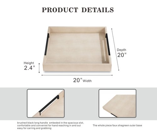 Sagala Extra Large 20" Square Ivory Shagreen Leather Ottoman Tray with Black Handles for Coffee Table, Versatile Decorative Serving Tray for Living Room(Ivory-Black, Square 20")