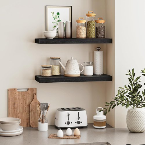 Fixwal Black Floating Shelves - 22" Rustic Wall-Mounted Wood Shelves for Living Room, Bedroom & Kitchen | Set of 2
