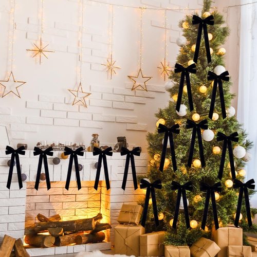 JOICEE Black Velvet Bows - 15 Pcs 5in x 12in Rustic Christmas Tree & Wreath Decor
