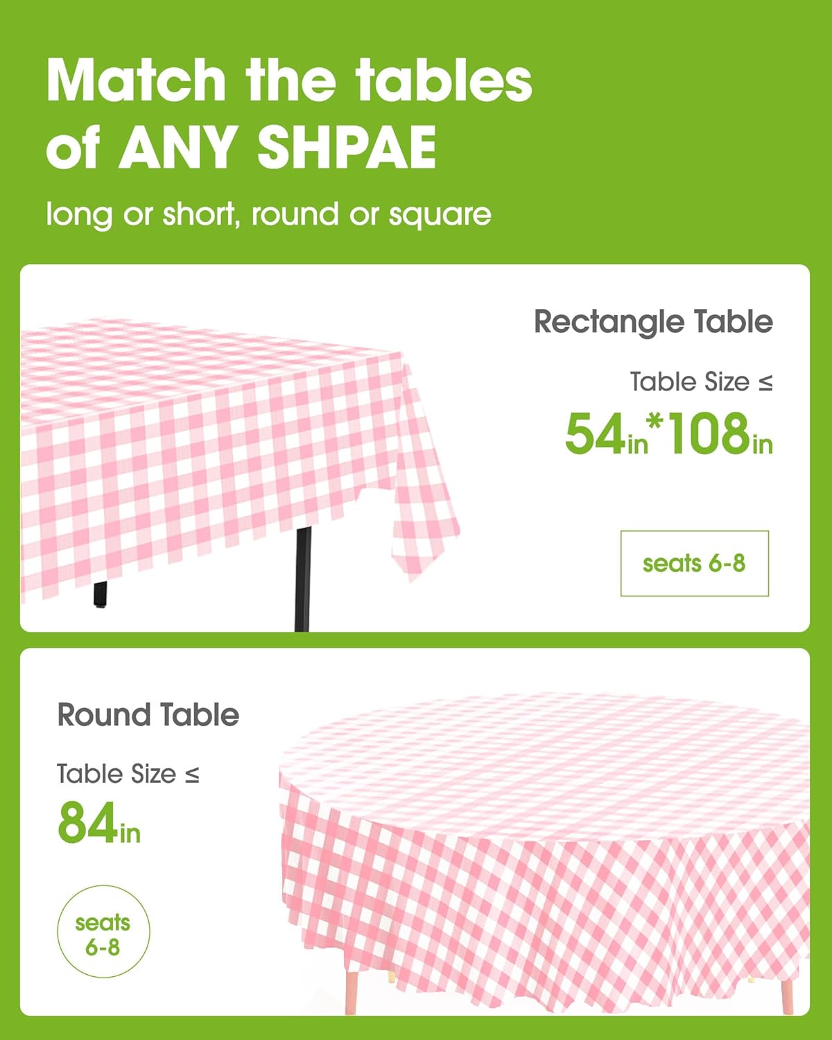 Pureegg Disposable Plastic Tablecloths - 54 x 108 Inch, Pink Gingham Design, Sturdy & Leakproof, 8 Pack