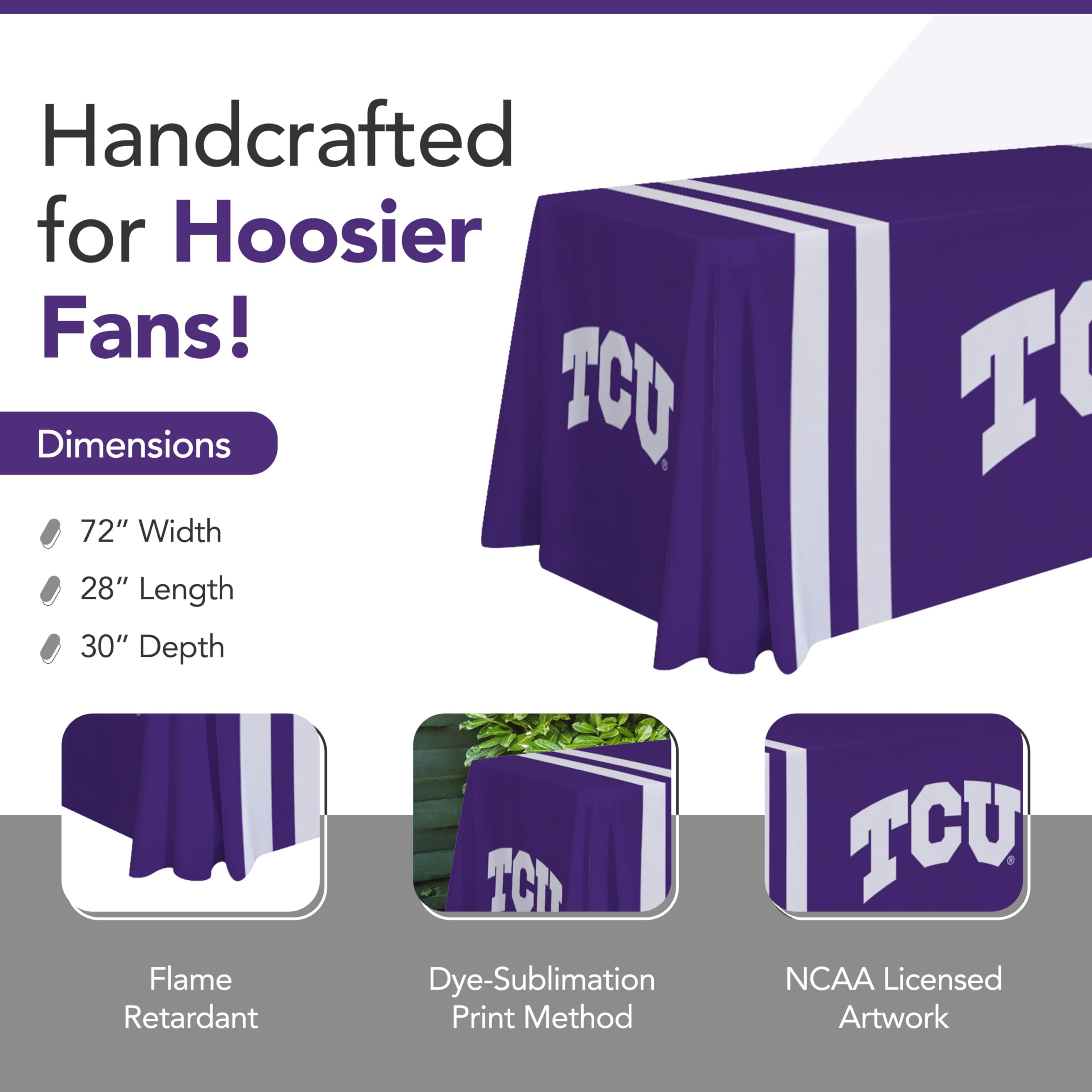 TCU Horned Frogs College Sports Printed Table Throw - NCAA Licensed - Polyester - School Tablecloth (Purple, White) (6' Draped)
