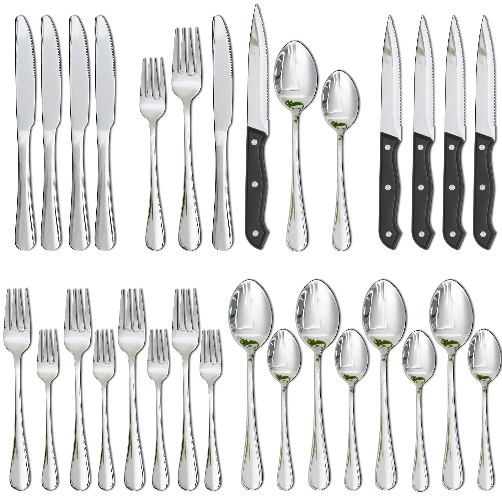 Astercook Silverware Set with Steak Knives 24-Piece Flatware Set for 4 Food-Grade Stainless Steel Cutlery Set Mirror Polished Utensils Set Include Spoons and Forks for Home Gifts for Women